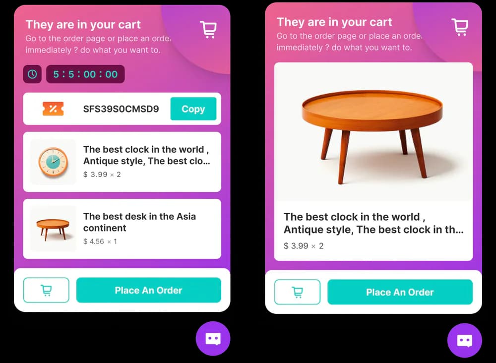algoshop AI Sales Chatbot cart reminder cards showing saved items, a coupon and checkout actions.
