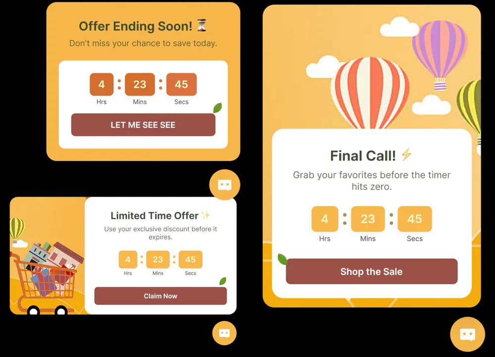 algoshop AI Sales Chatbot campaign countdown cards showing remaining hours, minutes and seconds with promotional actions.