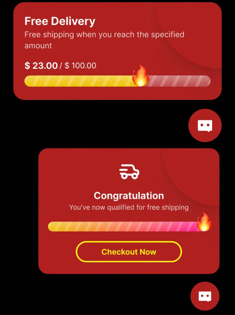 algoshop AI Sales Chatbot free shipping outreach cards showing cart progress and the reward-unlocked checkout state.