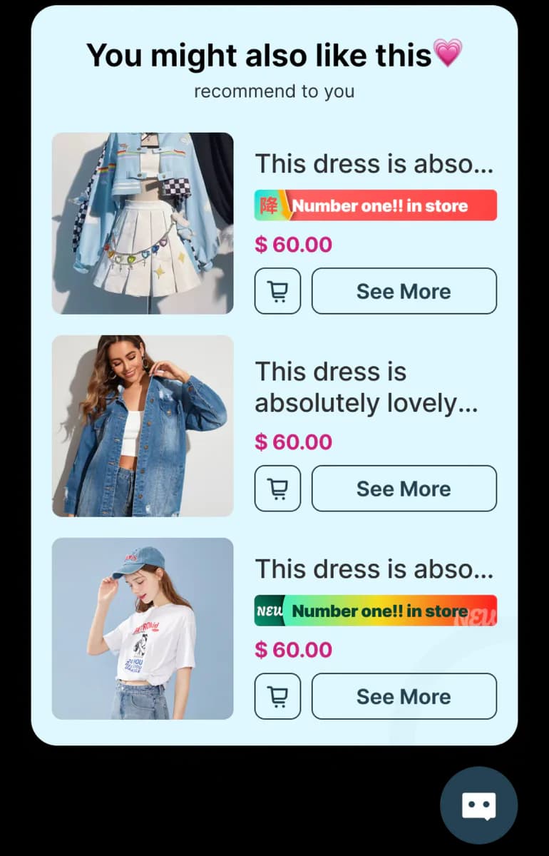 algoshop AI Sales Chatbot product recommendation card displaying suggested items, prices and add-to-cart actions.