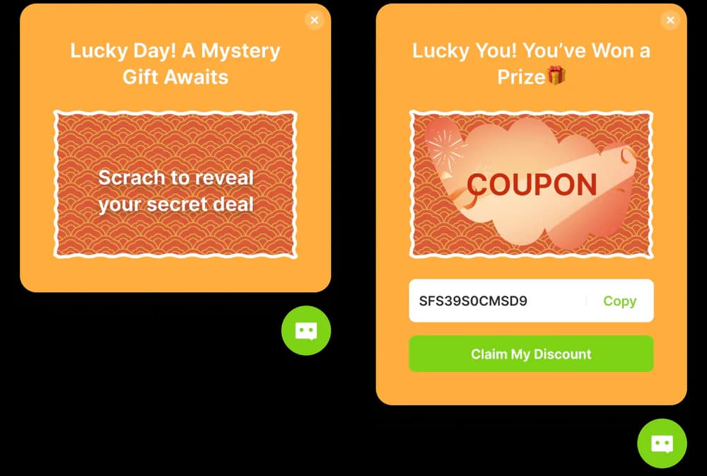 algoshop AI Sales Chatbot scratch-to-reveal reward card showing an unrevealed prize and a coupon redemption state.
