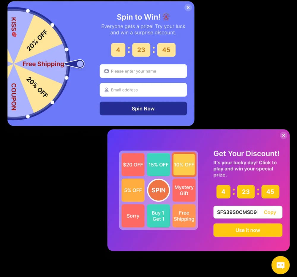 algoshop AI Sales Chatbot gamified outreach cards showing a prize wheel, reward grid and coupon claim actions.
