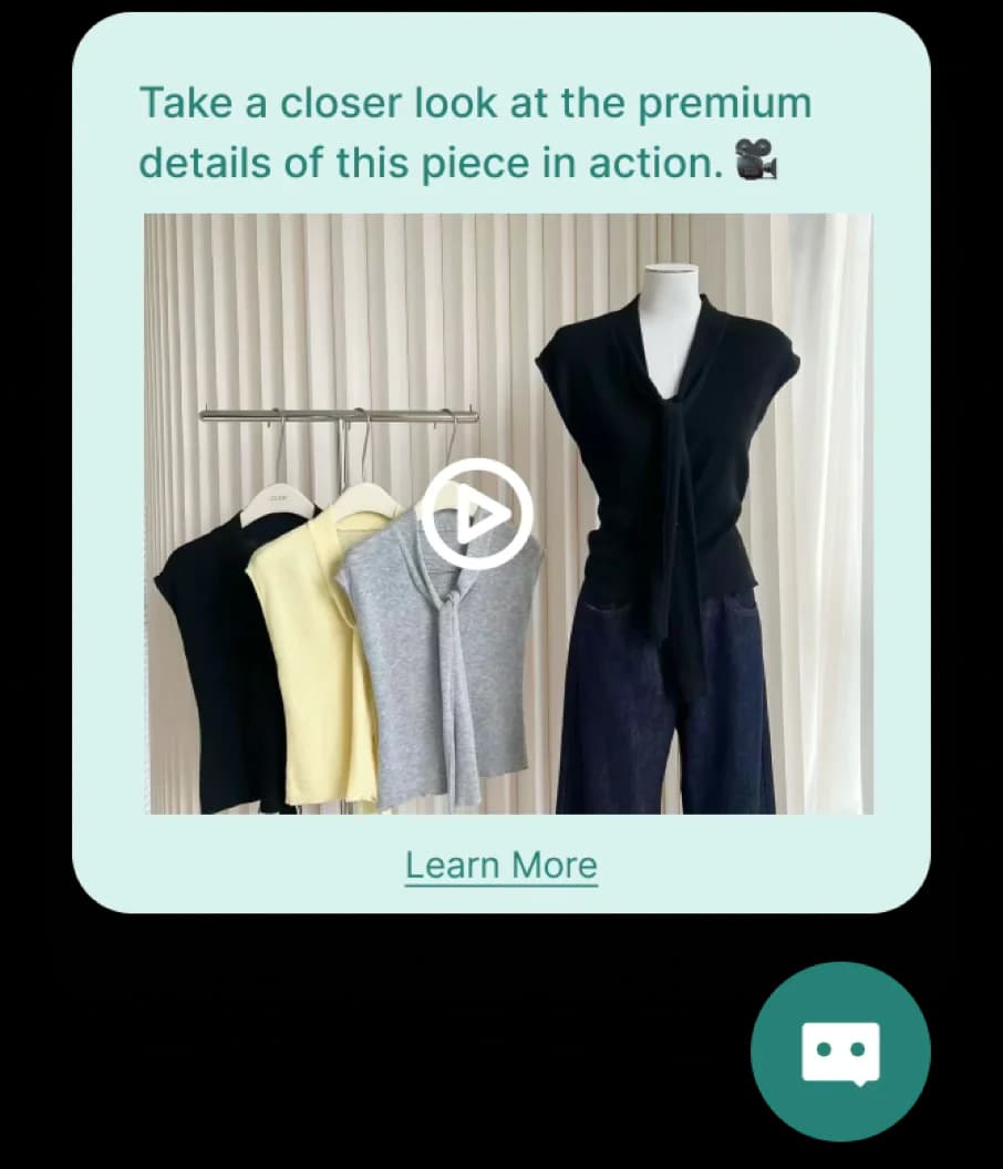 algoshop AI Sales Chatbot video outreach card with a product demonstration preview, play control and learn-more action.