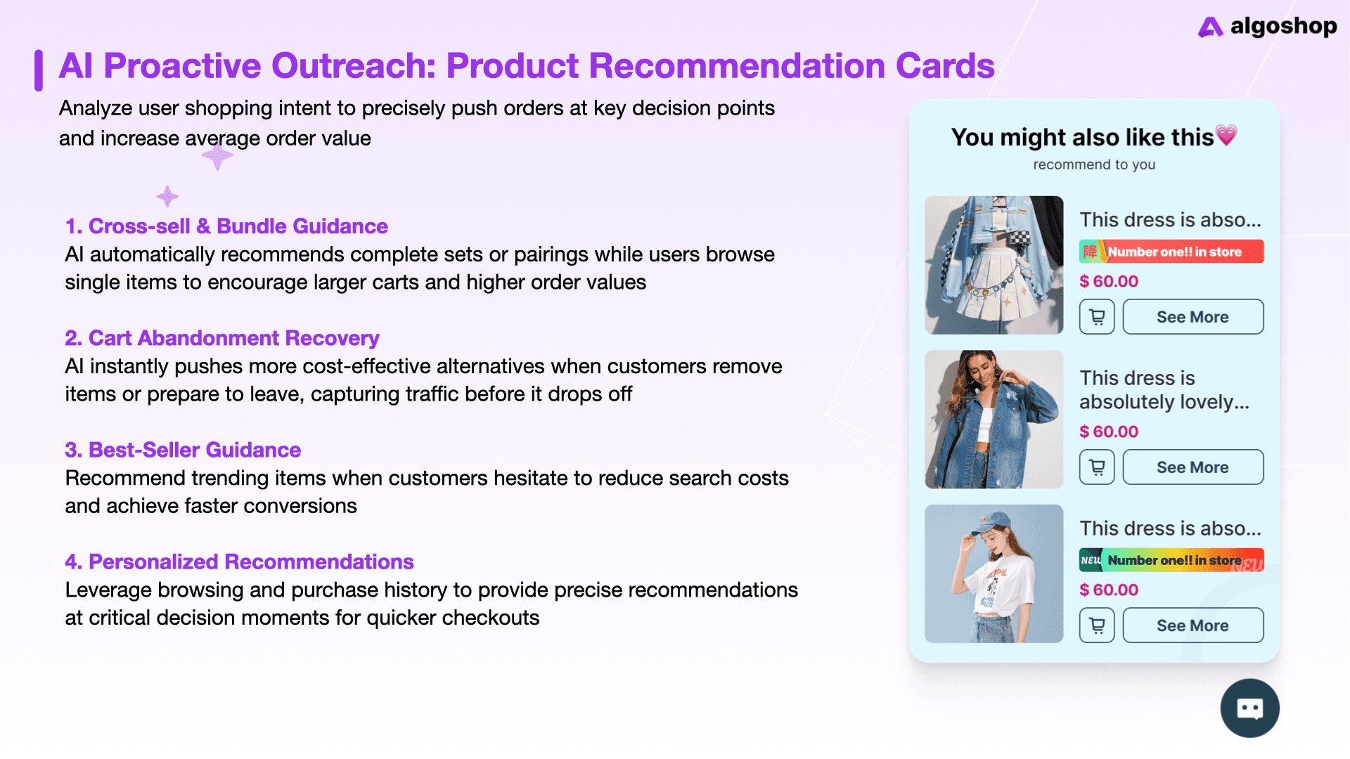 Algoshop AI sales chatbot interface displaying product recommendations and customer conversation on a Shopify storefront