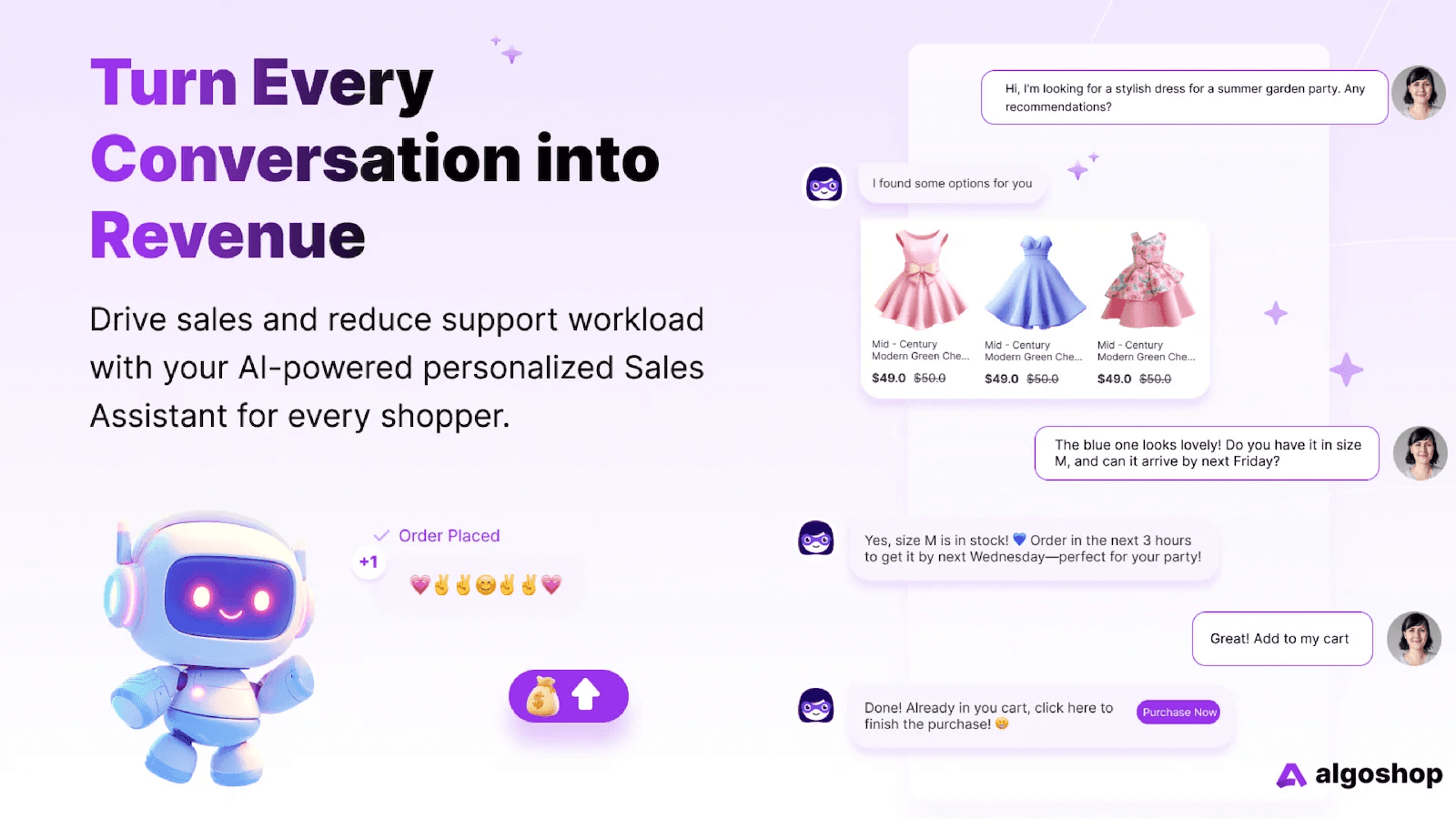 Algoshops AI-produktkort viser relevante varer i kundesamtalen