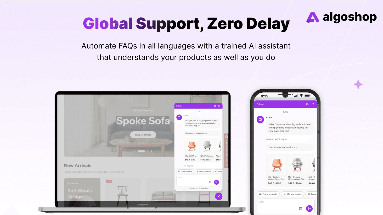 Algoshops AI-assistent viser produktforslag i en kundesamtale
