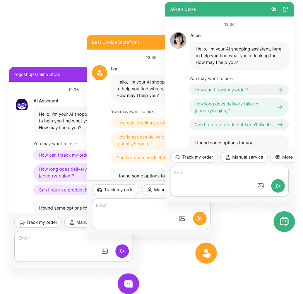 AI chatbot interface showing multi-channel ecommerce support