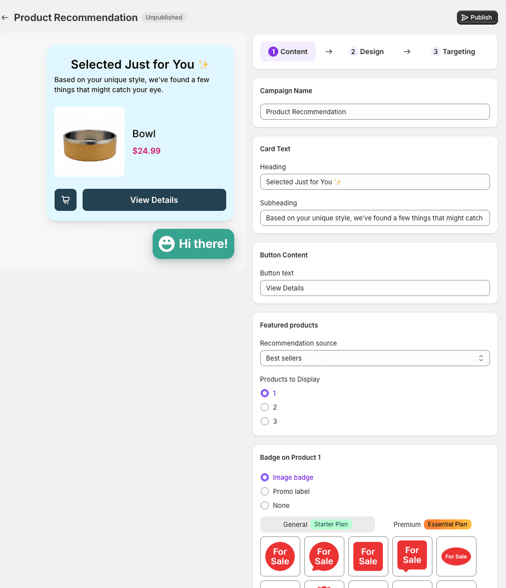 Algoshop Campaign Builder Content tab showing campaign name, card text fields, recommendation source selection, and badge configuration