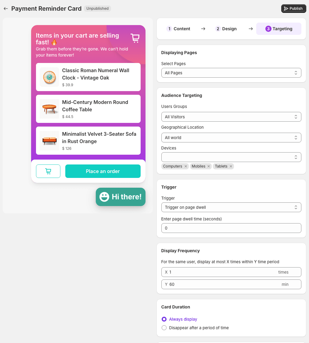 Interface Algoshop montrant une carte de rappel de paiement et de récupération de panier