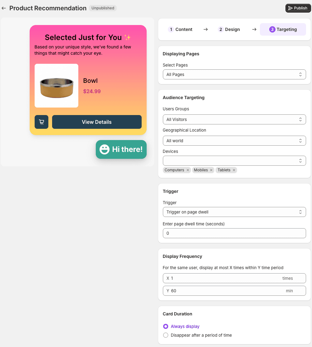 Algoshop product recommendation card targeting settings showing behavior-triggered campaign configuration
