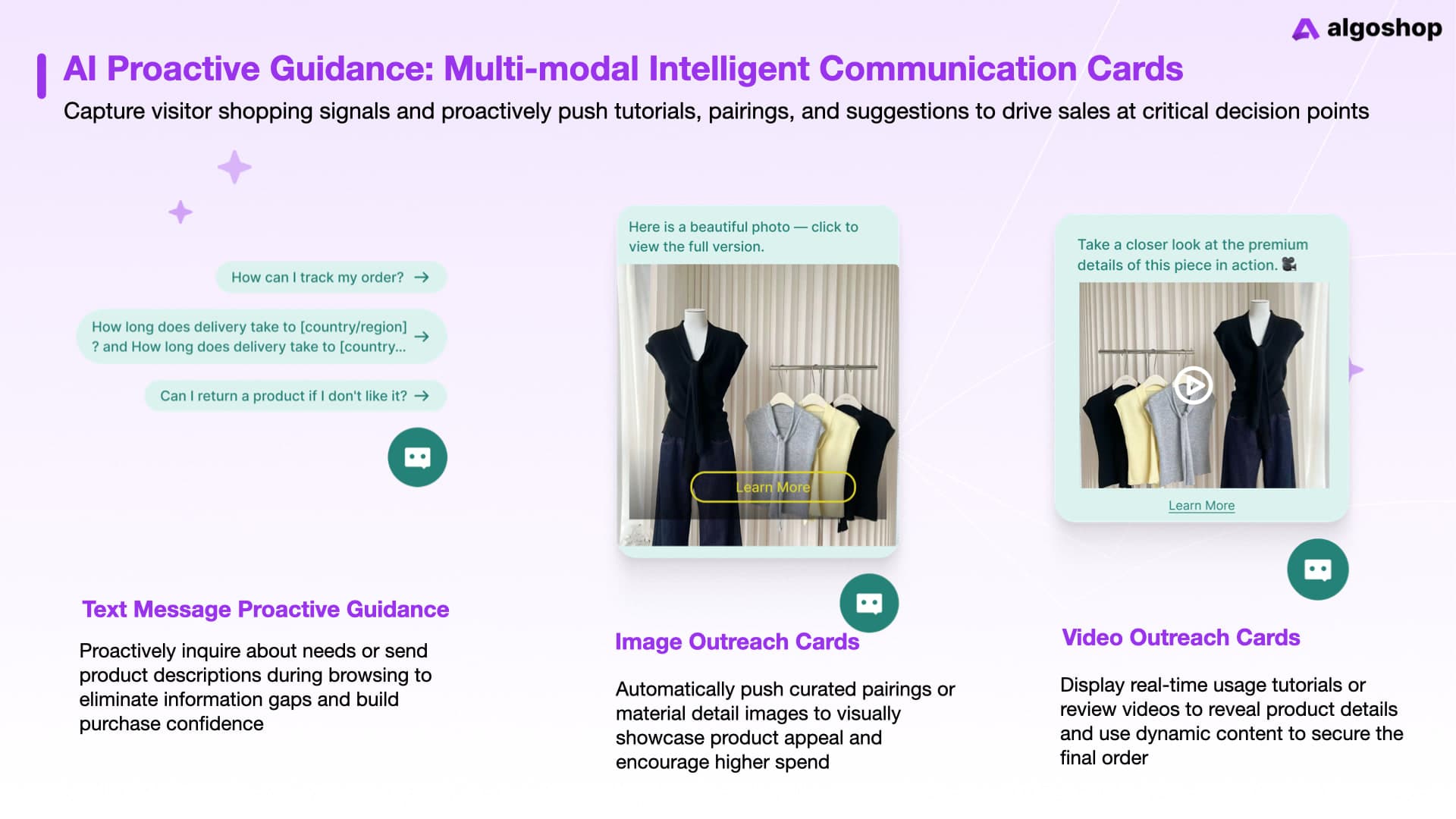 Algoshop AI Sales Chatbot outreach overview showing text question prompts, an image card with clothing details, and a video card beside chatbot launchers.