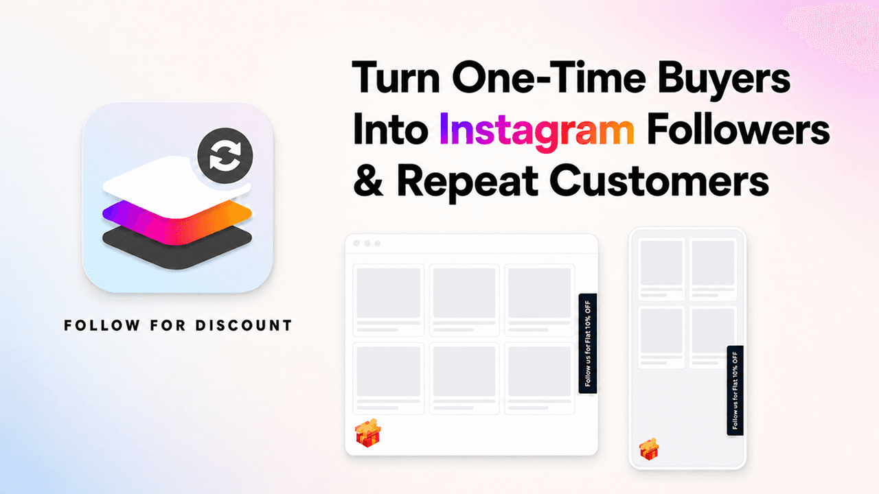 Follow for Discount storefront illustration with Instagram follow reward widgets on desktop and mobile