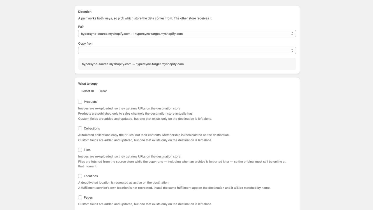 HyperSync copy direction selector and resource checkboxes