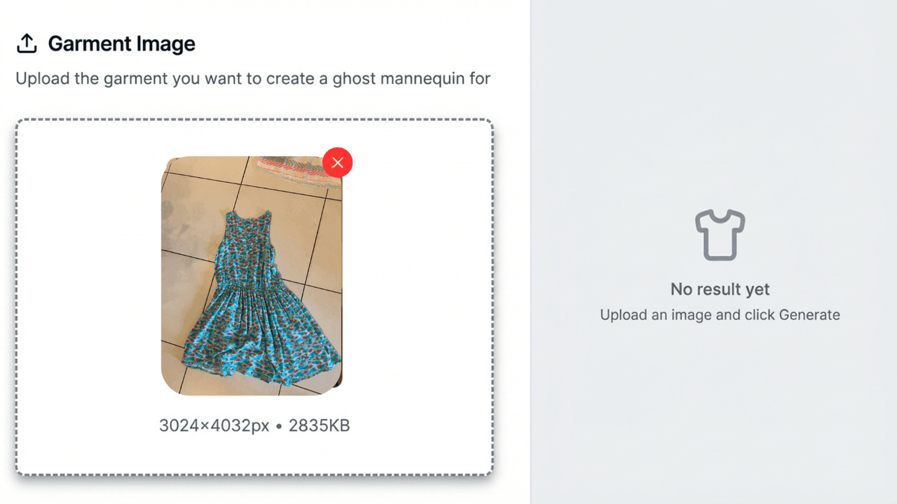 Photostudio upload screen with a turquoise patterned dress photo and an empty result panel