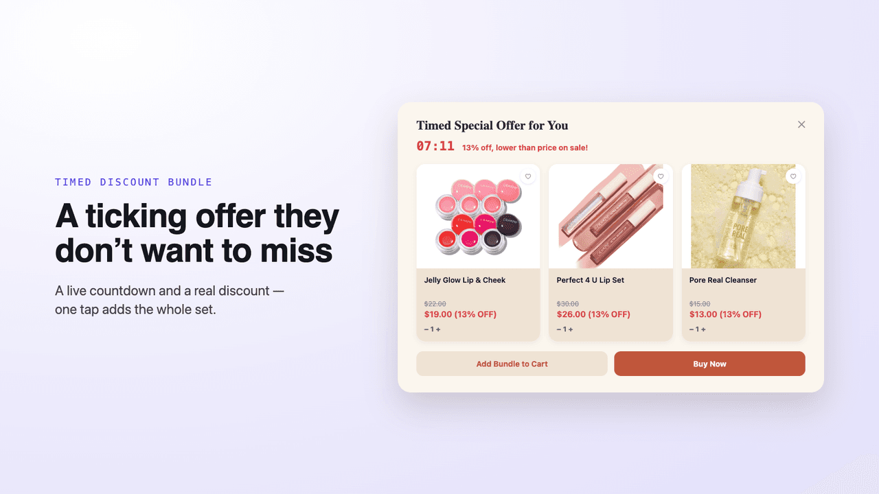 Rosetta timed bundle with cosmetic products, prices and an add-bundle action