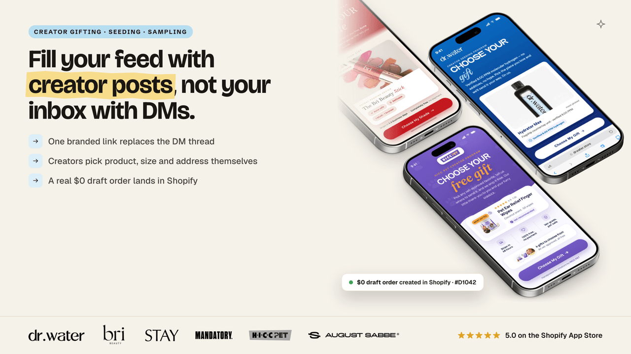 Seed promotional image showing branded mobile creator gift forms and a Shopify draft order