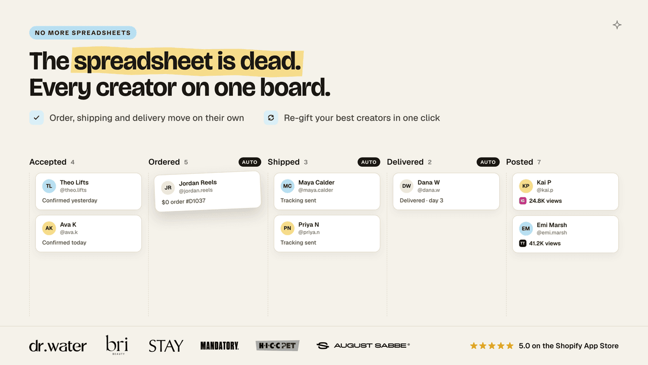 Seed creator board with Accepted, Ordered, Shipped, Delivered and Posted columns