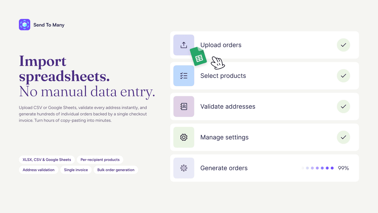 Send To Many spreadsheet upload, product selection and address-check illustration