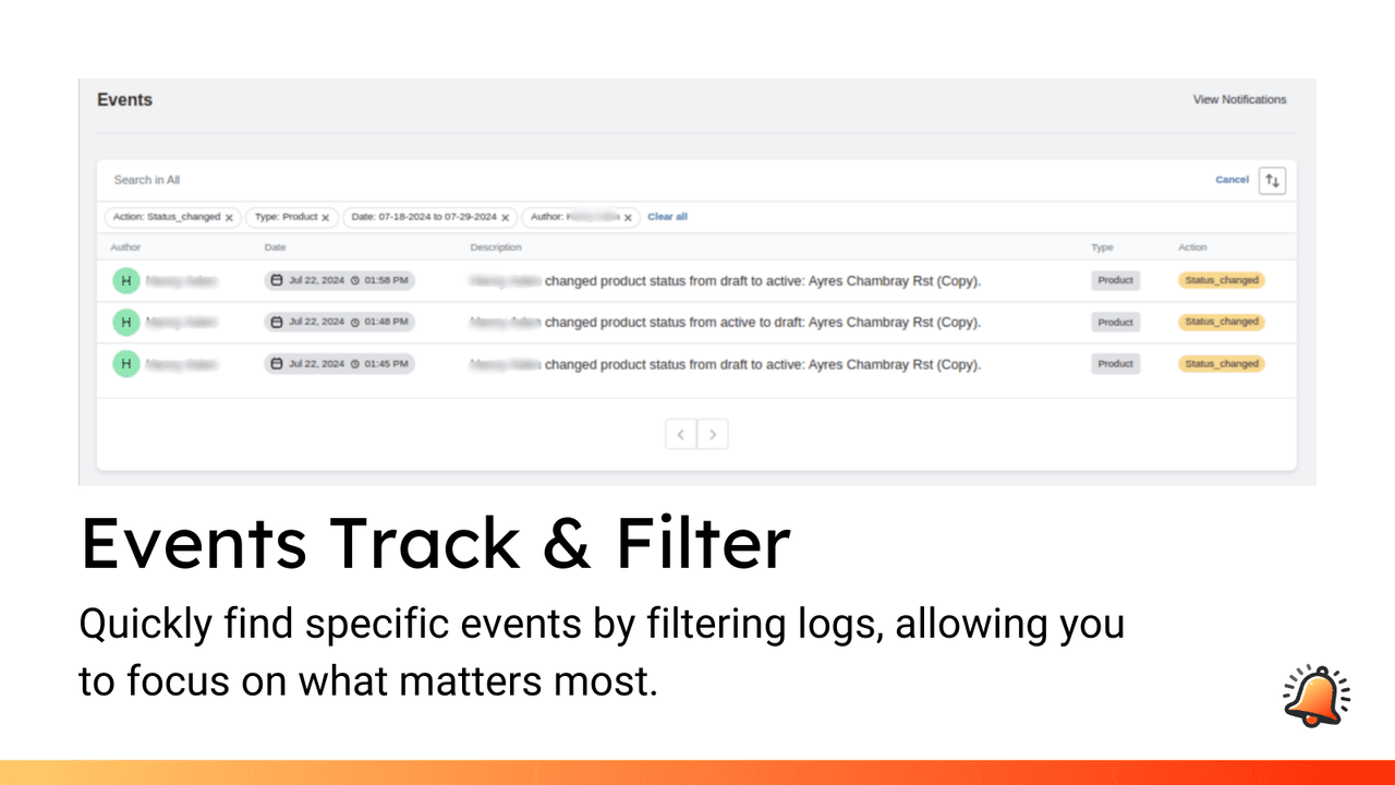StoreAlert Events view filtered by action, product type and date