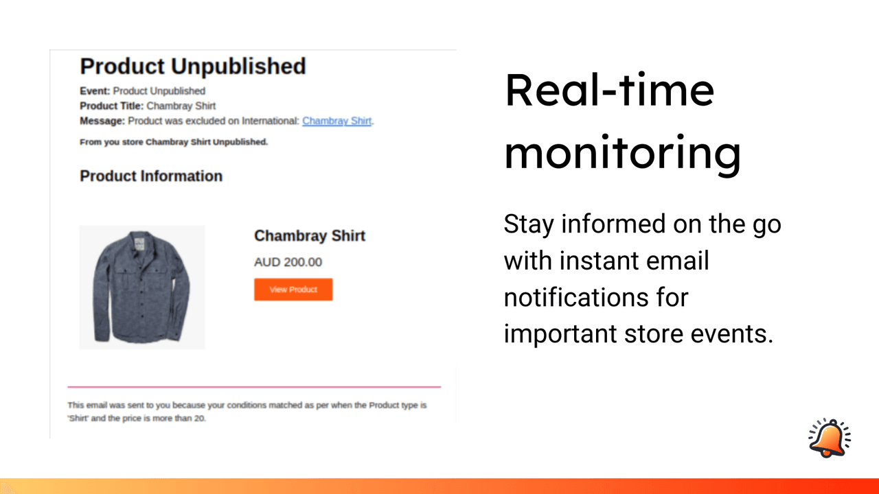 StoreAlert email about an unpublished Chambray Shirt with product details