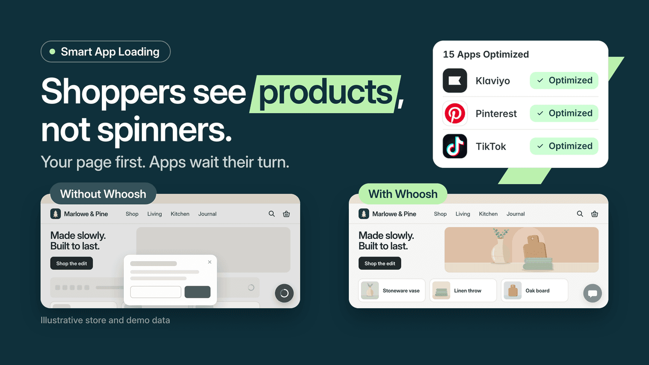 Whoosh official illustration comparing storefront rendering and app loading