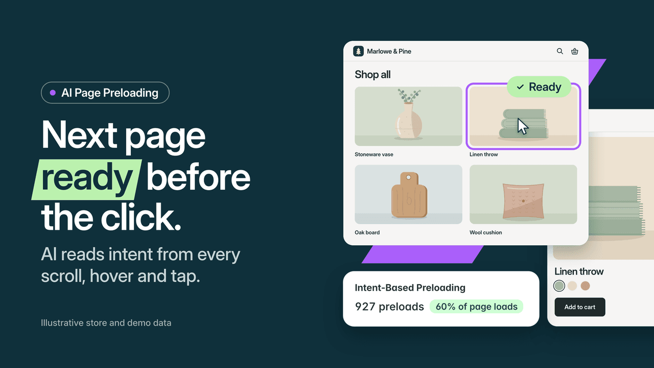 Whoosh illustration highlighting a linen throw card and preloaded product page