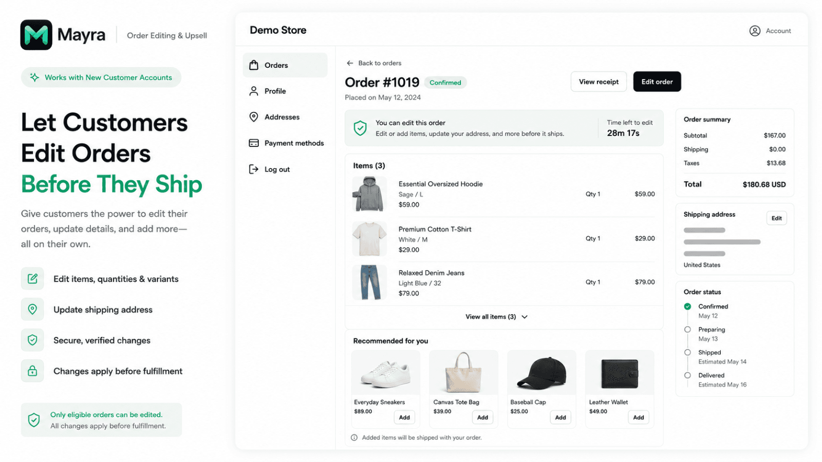 Mayra demo order page with an edit order button, editing countdown, items and recommendations