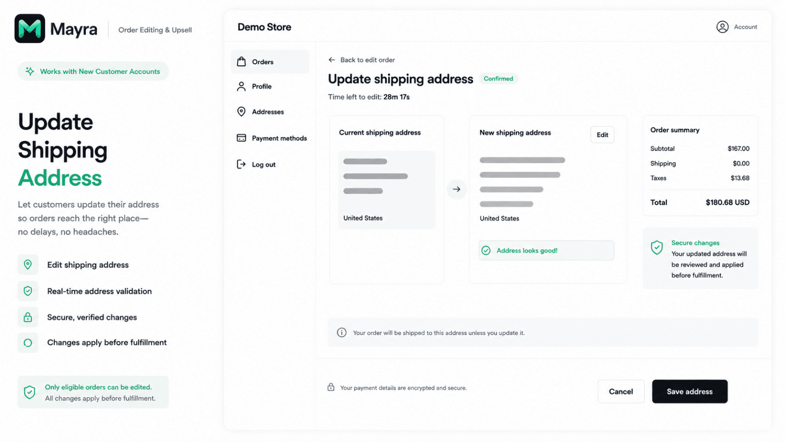 Mayra demo address-edit page with the current and new shipping addresses, countdown and save-address control