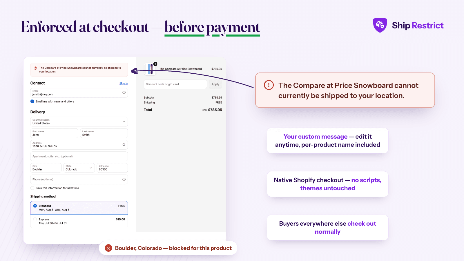Ship Restrict official checkout example with a message identifying a snowboard that cannot ship to the selected address