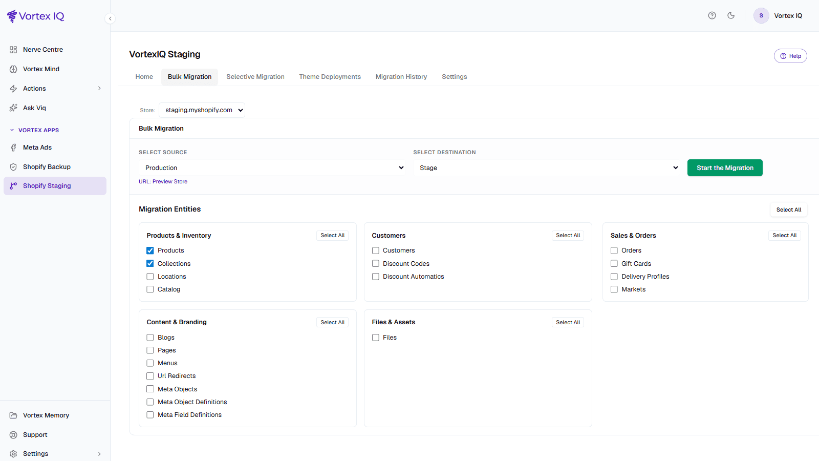 Vortex IQ Staging Bulk Migration screen with Production source, Stage destination and selectable migration entities