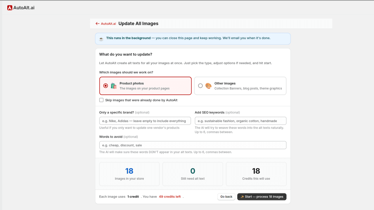 AutoAlt bulk-update interface showing image-type choices, processed-image skipping, keywords and a credit estimate