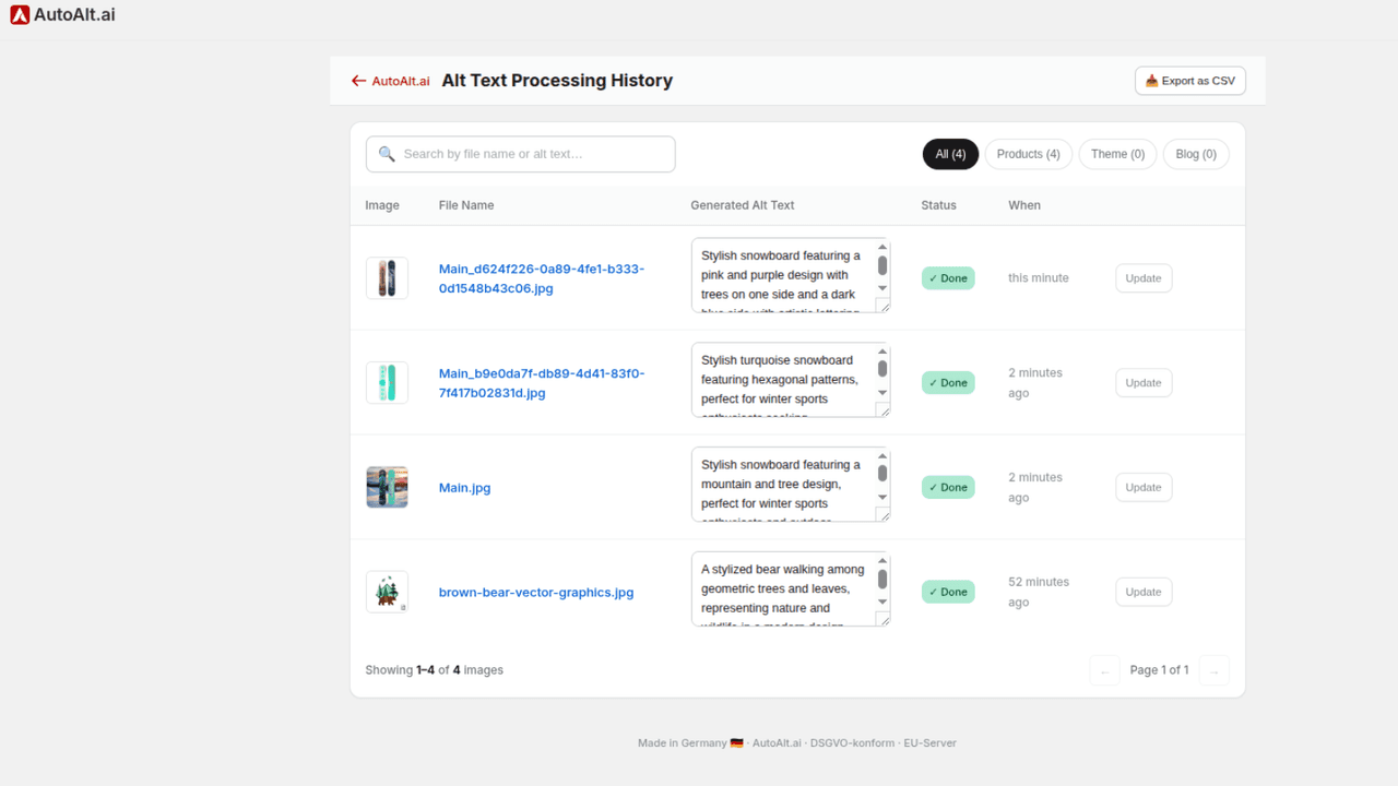 AutoAlt processing history showing image previews, editable descriptions, completion status and Update controls