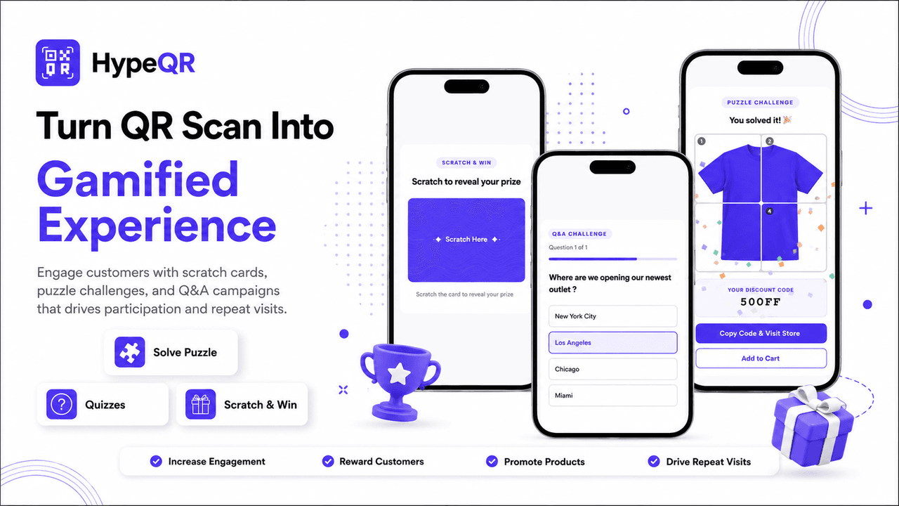 HypeQR official visual showing a scratch card, a quiz and a puzzle with a reward-code next step