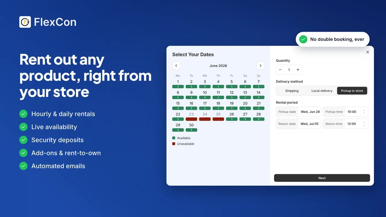 Rental booking calendar with live availability on a product page