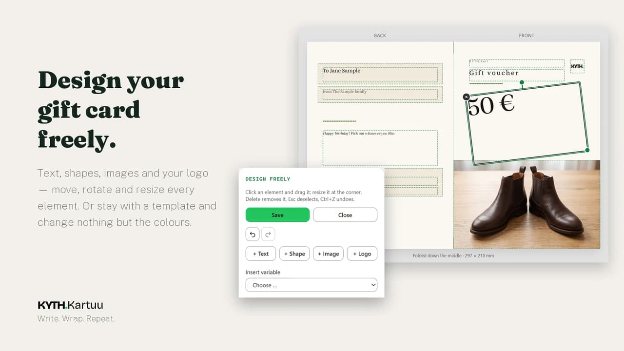 Kartuu gift-card design editor with text, image and logo positioning controls