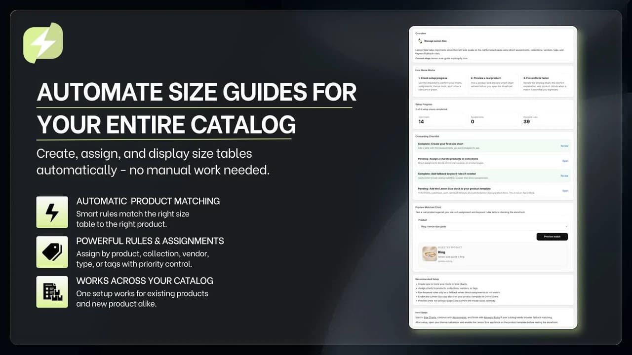 Lemon Size app dashboard for creating and assigning size charts