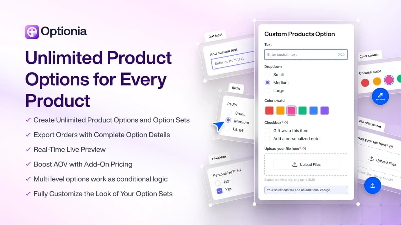 Optionia product options, variants and live preview builder
