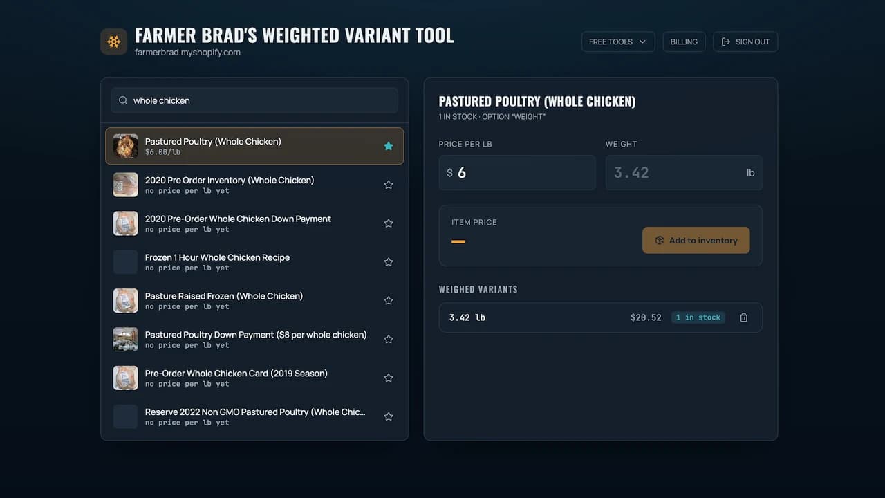Farmer Brad's weighted-variant setup for connecting a Shopify store