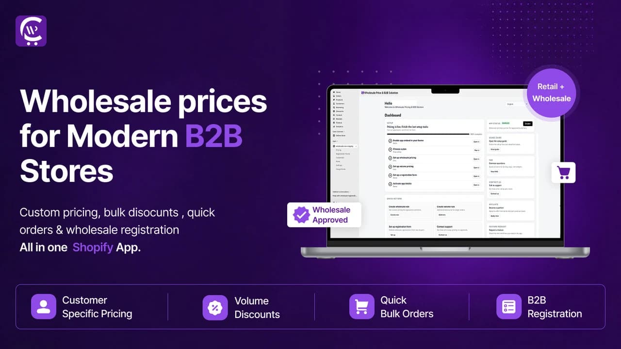 Wholesale B2B dashboard with orders, customers and pricing rules