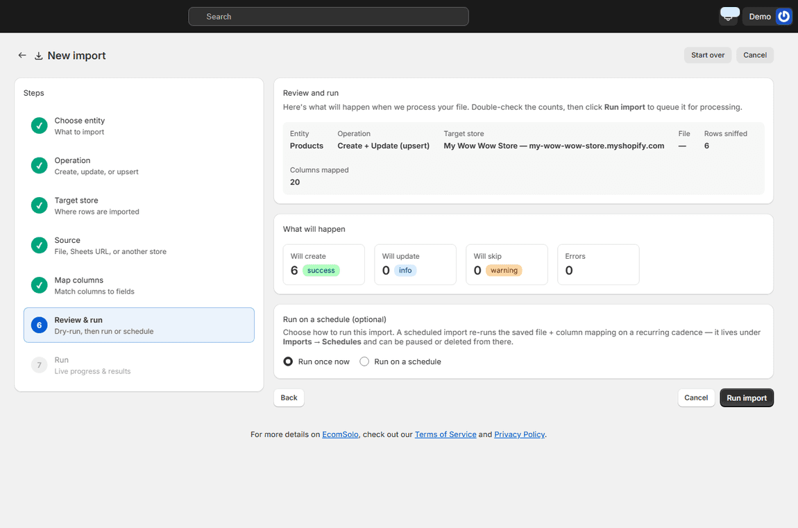 Ecomsolo review screen showing six products to create, no updates or errors, and the selected destination store