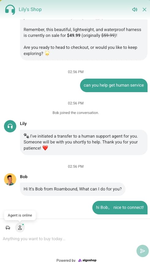 Algoshop live chat and human handoff interface for Shopify and WooCommerce and WordPress