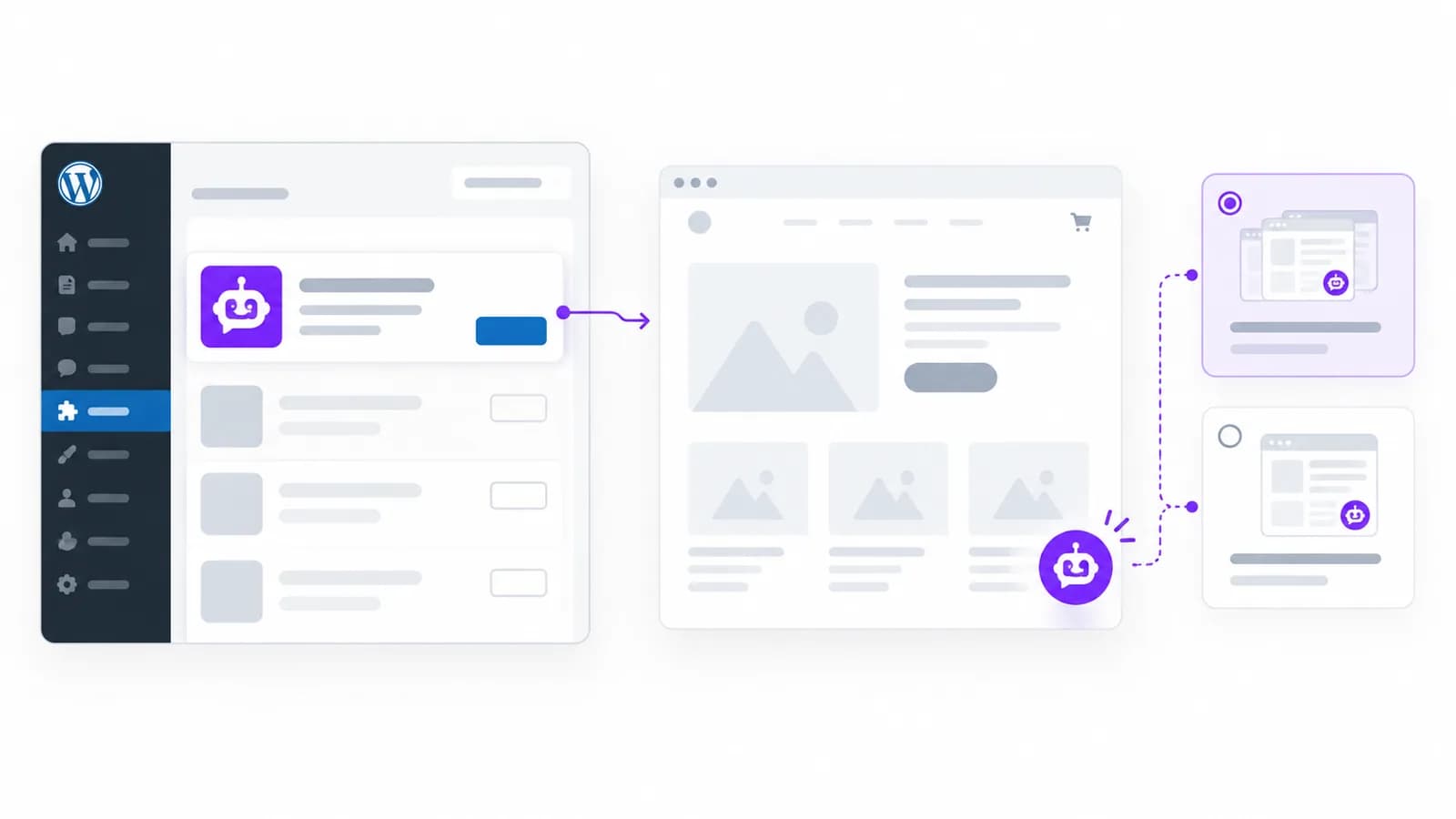 Illustrated Algoshop WordPress plugin setup showing account connection, optional WooCommerce connection, and sitewide, shortcode, or block placement.
