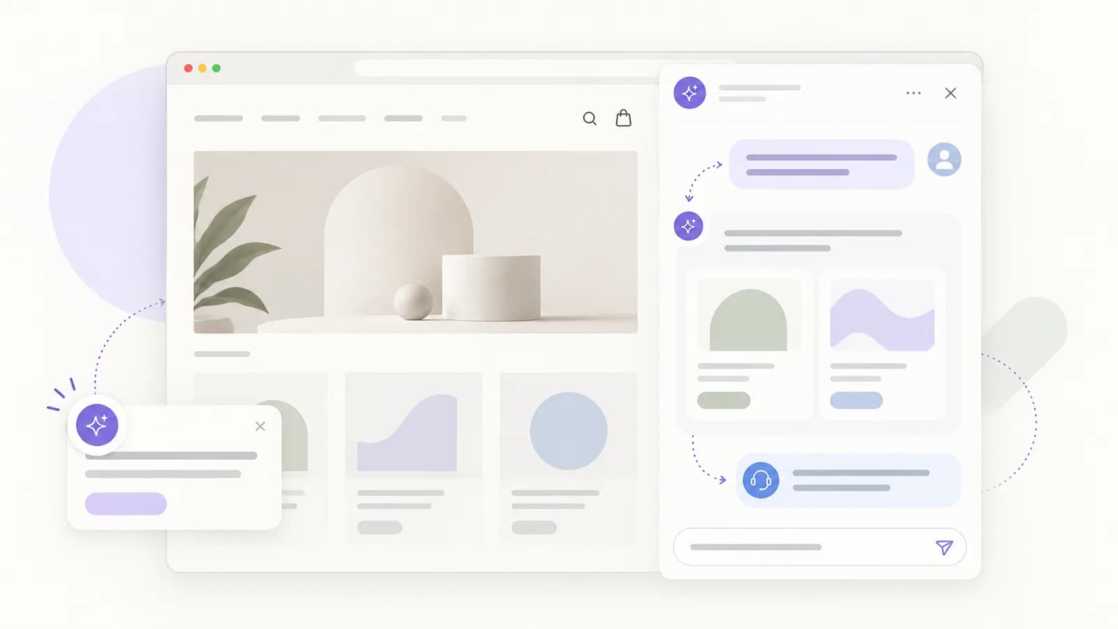 Illustrative Algoshop AI Sales Chatbot journey in WooCommerce showing a shopper question, product recommendations, a timely outreach card, and a human support handoff.