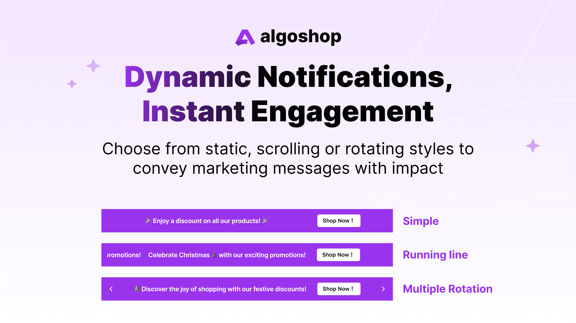 algoshop Announcement Bar Shopify app promotional screenshot 1 illustrating storefront promotional announcement bars.