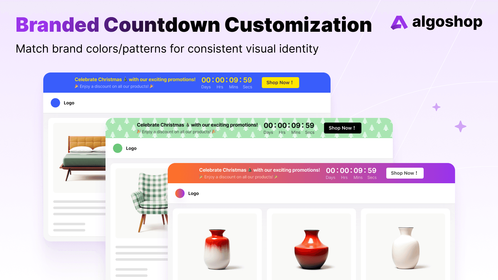 algoshop Countdown Timer Shopify app promotional screenshot 2 illustrating storefront sale countdown timers.