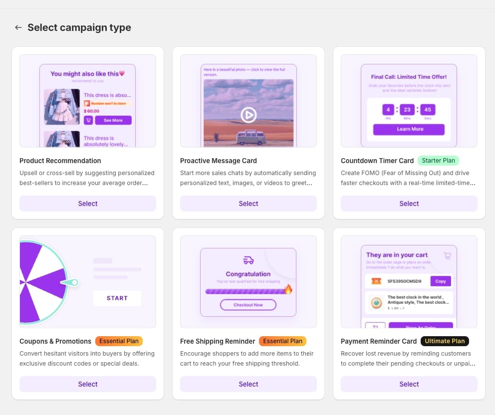 선제적 아웃리치 카드 유형과 캠페인 구성 옵션을 보여주는 algoshop AI Sales Chatbot 세일즈 챗봇 캠페인 선택 대시보드