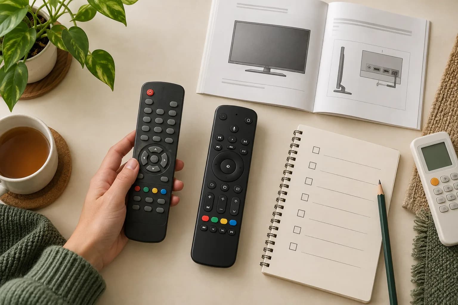Illustrative overhead comparison of two remote controls, a television manual and a blank compatibility checklist