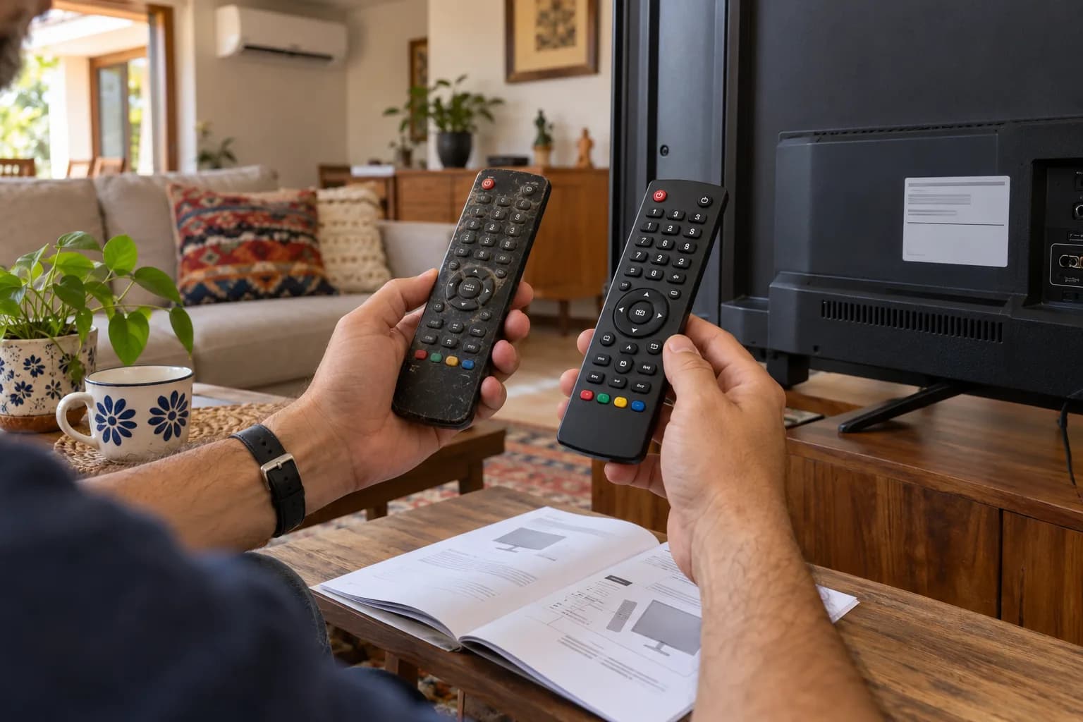 Illustrative home scene showing a shopper comparing an old television remote with a possible replacement beside the TV