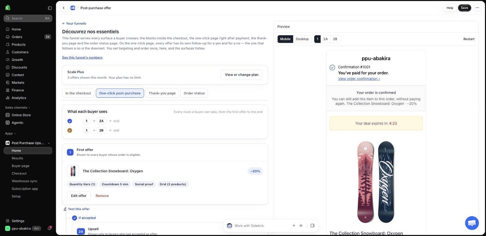 Abakira funnel editor with yes and no paths to subsequent offers