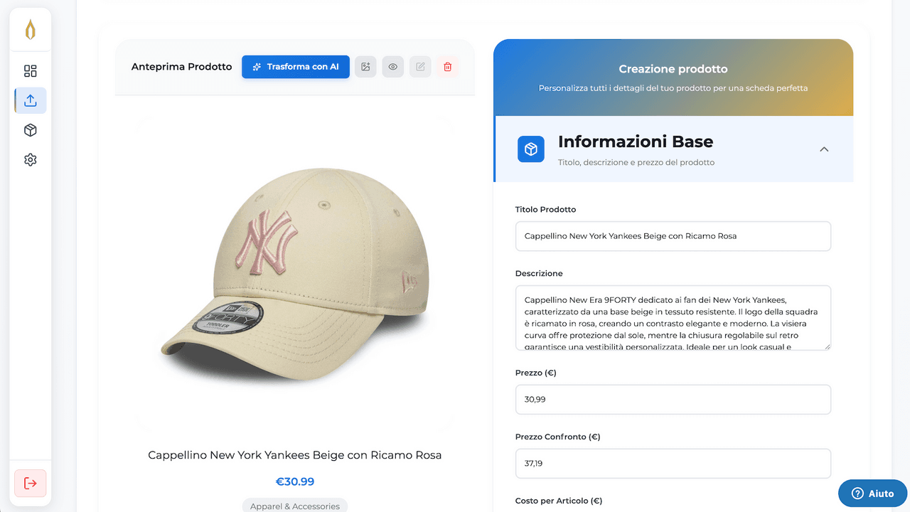 uppify product sheet with a beige embroidered cap and editable title, description and prices